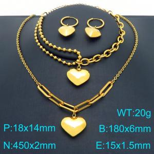 Stainless Steel Set Geometric Link Chain Necklace&Bracelet&Earrings With Heart Pendant Gold Color - KS225466-Z