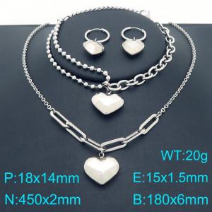 Stainless Steel Set Geometric Link Chain Necklace&Bracelet&Earrings With Heart Pendant Silver Color - KS225468-Z