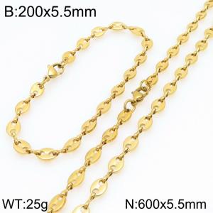 600cm Stainless Steel Set Geometric Bean Shape Link Chain Necklace&Bracelet Gold Color - KS225472-Z