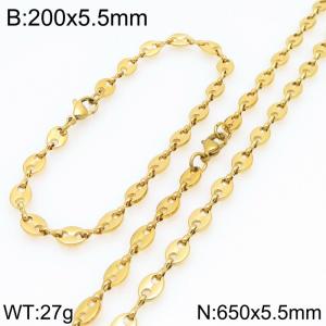 650cm Stainless Steel Set Geometric Bean Shape Link Chain Necklace&Bracelet Gold Color - KS225473-Z