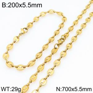 700cm Stainless Steel Set Geometric Bean Shape Link Chain Necklace&Bracelet Gold Color - KS225474-Z