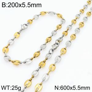 600cm Stainless Steel Set Geometric Bean Shape Link Chain Necklace&Bracelet Silver Gold Color - KS225478-Z