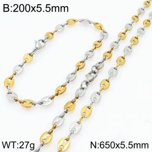 650cm Stainless Steel Set Geometric Bean Shape Link Chain Necklace&Bracelet Silver Gold Color - KS225479-Z