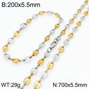 700cm Stainless Steel Set Geometric Bean Shape Link Chain Necklace&Bracelet Silver Gold Color - KS225480-Z