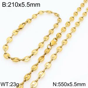 550cm Stainless Steel Set Geometric Bean Shape Link Chain Necklace&Bracelet Gold Color - KS225488-Z