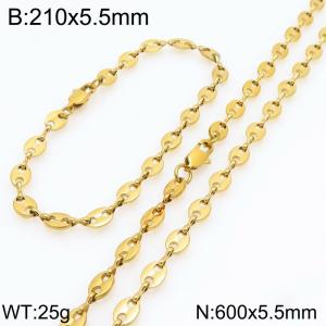 600cm Stainless Steel Set Geometric Bean Shape Link Chain Necklace&Bracelet Gold Color - KS225489-Z