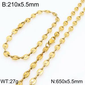 650cm Stainless Steel Set Geometric Bean Shape Link Chain Necklace&Bracelet Gold Color - KS225490-Z