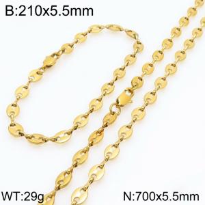 700cm Stainless Steel Set Geometric Bean Shape Link Chain Necklace&Bracelet Gold Color - KS225491-Z