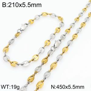 450cm Stainless Steel Set Geometric Bean Shape Link Chain Necklace&Bracelet Silver Gold Color - KS225492-Z