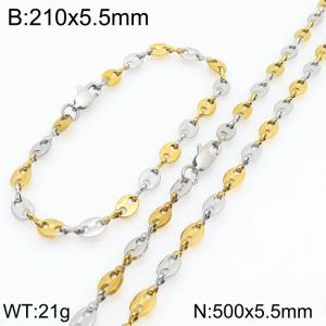 500cm Stainless Steel Set Geometric Bean Shape Link Chain Necklace&Bracelet Silver Gold Color - KS225493-Z