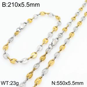 550cm Stainless Steel Set Geometric Bean Shape Link Chain Necklace&Bracelet Silver Gold Color - KS225494-Z