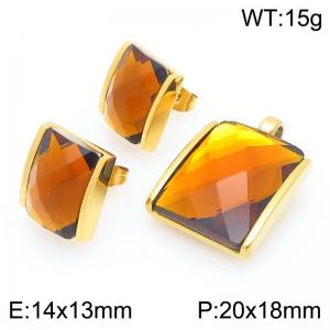 Small Square Brown Zircon Jewelry Set Stainless Steel Gold Geometry Charm Earring Pendant Set - KS225744-GC