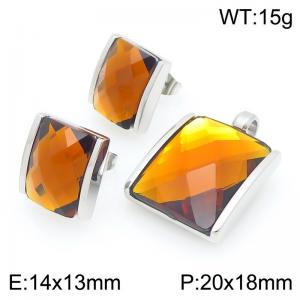 Small Square Brown Zircon Jewelry Set Stainless Steel Silver Geometry Charm Earring Pendant Set - KS225745-GC