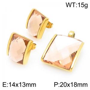 Small Square Dark Brown Zircon Jewelry Set Stainless Steel Gold Geometry Charm Earring Pendant Set - KS225746-GC