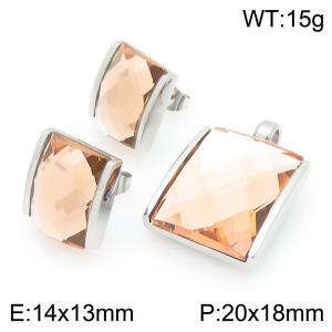 Small Square Dark Brown Zircon Jewelry Set Stainless Steel Silver Geometry Charm Earring Pendant Set - KS225747-GC