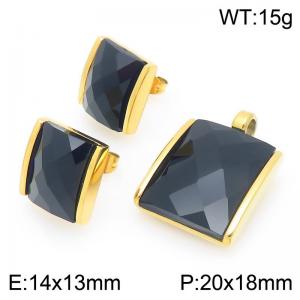 Small Square Black Zircon Jewelry Set Stainless Steel Gold Geometry Charm Earring Pendant Set - KS225748-GC