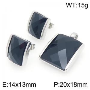Small Square Black Zircon Jewelry Set Stainless Steel Silver Geometry Charm Earring Pendant Set - KS225749-GC