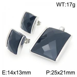 Big Square Black Zircon Jewelry Set Stainless Steel Silver Geometry Charm Earring Pendant Set - KS225750-GC