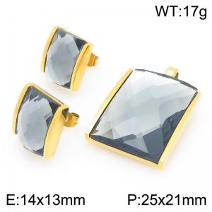 Big Square Gray Zircon Jewelry Set Stainless Steel Gold Geometry Charm Earring Pendant Set - KS225752-GC