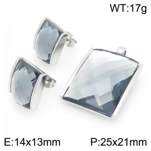 Big Square Gray Zircon Jewelry Set Stainless Steel Silver Geometry Charm Earring Pendant Set - KS225753-GC