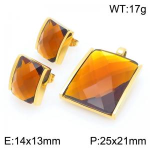 Big Square Brown Zircon Jewelry Set Stainless Steel Gold Geometry Charm Earring Pendant Set - KS225754-GC