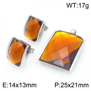 Big Square Brown Zircon Jewelry Set Stainless Steel Silver Geometry Charm Earring Pendant Set - KS225755-GC