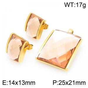 Big Square Dark Brown Zircon Jewelry Set Stainless Steel Gold Geometry Charm Earring Pendant Set - KS225756-GC