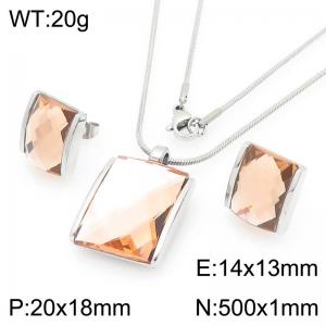 Small Square Dark Brown Zircon Jewelry Set Stainless Steel Silver Geometry Charm Earring Pendant Set With 50cm Chain - KS225758-GC