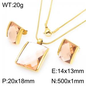 Small Square Dark Brown Zircon Jewelry Set Stainless Steel Gold Geometry Charm Earring Pendant Set With 50cm Chain - KS225759-GC