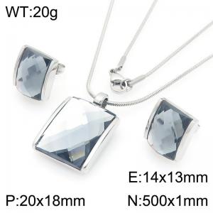 Small Square Gray Zircon Jewelry Set Stainless Steel Silver Geometry Charm Earring Pendant Set With 50cm Chain - KS225760-GC