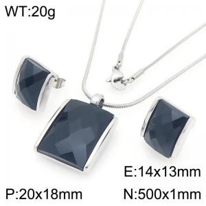 Small Square Black Zircon Jewelry Set Stainless Steel Silver Geometry Charm Earring Pendant Set With 50cm Chain - KS225762-GC