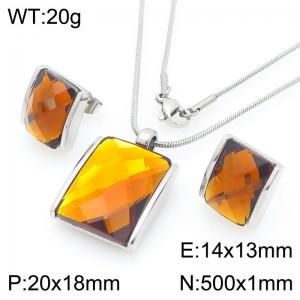 Small Square Brown Zircon Jewelry Set Stainless Steel Silver Geometry Charm Earring Pendant Set With 50cm Chain - KS225764-GC