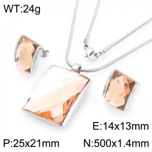 Big Square Dark Brown Zircon Jewelry Set Stainless Steel Silver Geometry Charm Earring Pendant Set With 50cm Chain - KS225766-GC