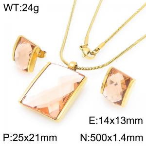 Big Square Dark Brown Zircon Jewelry Set Stainless Steel Gold Geometry Charm Earring Pendant Set With 50cm Chain - KS225767-GC
