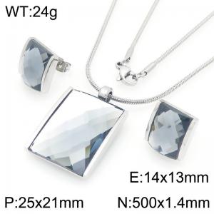 Big Square Gray Zircon Jewelry Set Stainless Steel Silver Geometry Charm Earring Pendant Set With 50cm Chain - KS225768-GC
