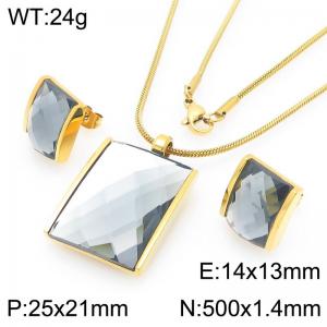 Big Square Gray Zircon Jewelry Set Stainless Steel Gold Geometry Charm Earring Pendant Set With 50cm Chain - KS225769-GC