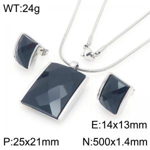 Big Square Black Zircon Jewelry Set Stainless Steel Silver Geometry Charm Earring Pendant Set With 50cm Chain - KS225770-GC