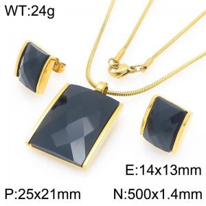 Big Square Black Zircon Jewelry Set Stainless Steel Gold Geometry Charm Earring Pendant Set With 50cm Chain - KS225771-GC