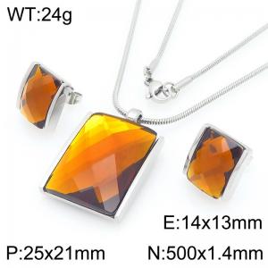 Big Square Brown Zircon Jewelry Set Stainless Steel Silver Geometry Charm Earring Pendant Set With 50cm Chain - KS225772-GC