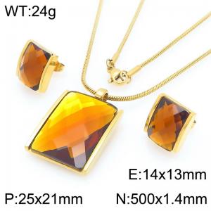 Big Square Brown Zircon Jewelry Set Stainless Steel Gold Geometry Charm Earring Pendant Set With 50cm Chain - KS225773-GC