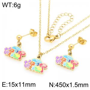 Trendy summer new stainless steel creative drip oil colored mushroom pendant temperament gold earrings&necklace set - KS225958-Z