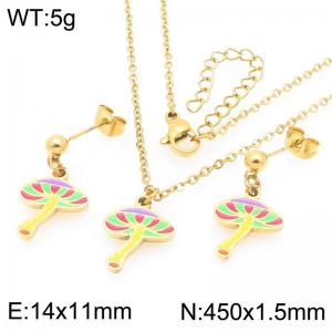 Trendy summer new stainless steel creative drip oil colored mushroom pendant temperament gold earrings&necklace set - KS225960-Z