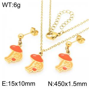 Trendy new stainless steel thin O-shaped chain hanging colorful mushroom pendant with oil droplets, temperament gold 2-piece set - KS225968-Z
