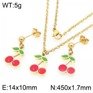 Boho Cherry Charm Jewelry Sets Women's Gold Color Stainless Steel Neckalce & Earrings - KS225995-Z