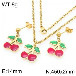 Boho Cherry Charm Jewelry Sets Women's Gold Color Stainless Steel Neckalce & Earrings - KS225996-Z
