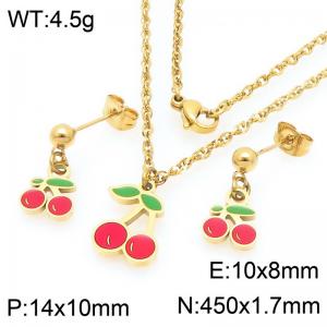Boho Cherry Charm Jewelry Sets Women's Gold Color Stainless Steel Neckalce & Earrings - KS225997-Z