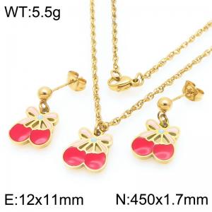 Boho Cherry Charm Jewelry Sets Women's Gold Color Stainless Steel Neckalce & Earrings - KS225998-Z