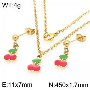 Boho Cherry Charm Jewelry Sets Women's Gold Color Stainless Steel Neckalce & Earrings - KS226002-Z