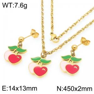 Boho Cherry Charm Jewelry Sets Women's Gold Color Stainless Steel Neckalce & Earrings - KS226003-Z