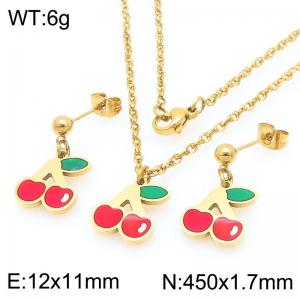 Boho Cherry Charm Jewelry Sets Women's Gold Color Stainless Steel Neckalce & Earrings - KS226006-Z